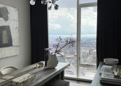 A modern office with a view of the city.