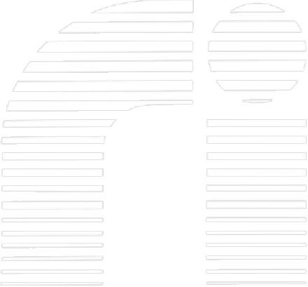 A black and white logo with a striped background.